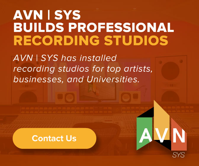 AVN | SYS display ad headlined 'Builds Professional Recording Studios,' noting studios installed for top artists, businesses, and universities, over an orange-toned control-room photo with the AVN logo.
