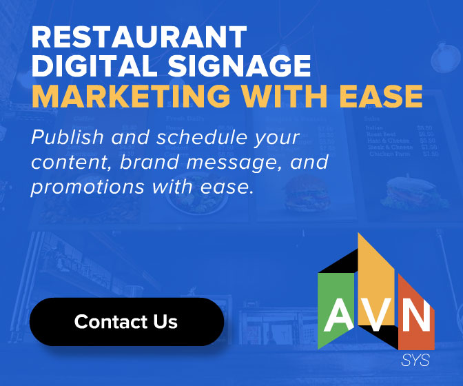 AVN | SYS restaurant digital-signage display ad, 'Marketing With Ease,' promoting scheduled menu-board content, brand messaging, and promotions, on a blue backdrop showing digital menu screens and the AVN logo.