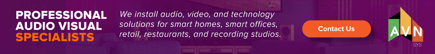 AVN | SYS 'Professional Audio Visual Specialists' display ad promoting audio, video, and technology installation for smart homes, offices, retail, restaurants, and recording studios, with the geometric AVN logo on a purple backdrop.