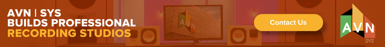 AVN | SYS display ad headlined 'Builds Professional Recording Studios,' noting studios installed for top artists, businesses, and universities, over an orange-toned control-room photo with the AVN logo.