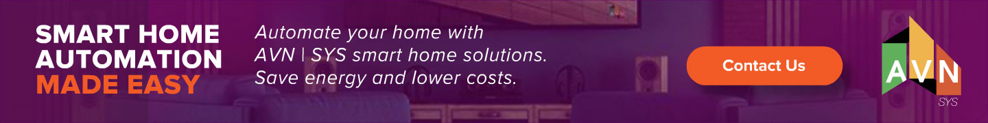 AVN | SYS 'Smart Home Automation Made Easy' display ad promoting whole-home automation that saves energy and lowers costs, on a purple living-room backdrop with a wall display and the AVN logo.