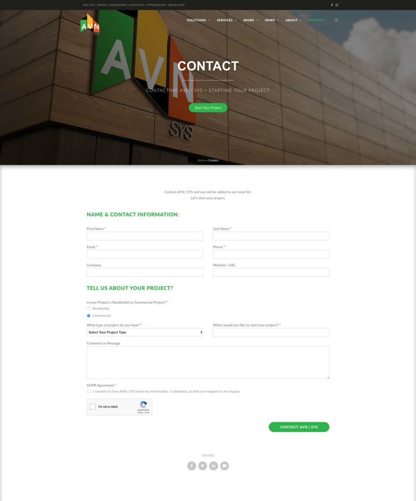 AVN | SYS website Contact page with the 'Contacting AVN | SYS = Starting Your Project' hero over the branded building signage and a project-inquiry form.