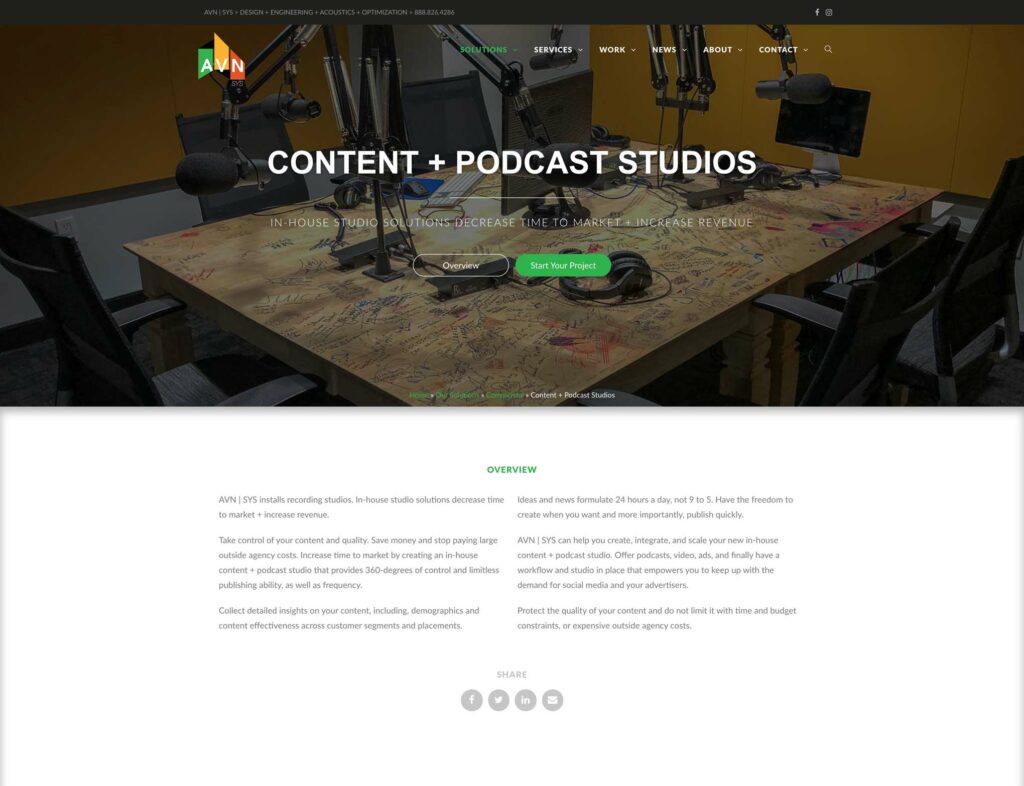 AVN | SYS website Content + Podcast Studios page with a podcast-table hero and an overview of in-house studio solutions that decrease time to market and increase revenue.