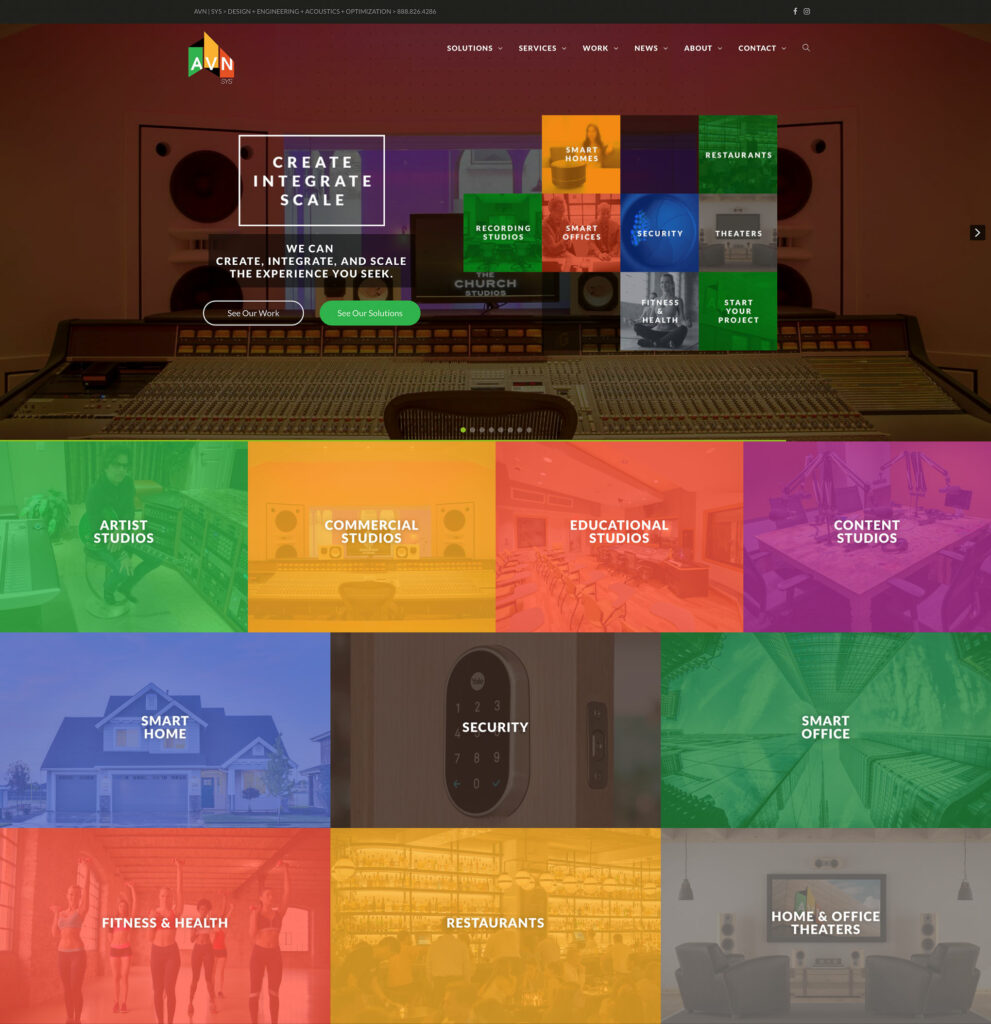 AVN | SYS website homepage screenshot with a recording-studio hero, the Create Integrate Scale message, a service-tile grid, and color-coded category panels for studios, smart home, security, and theaters.