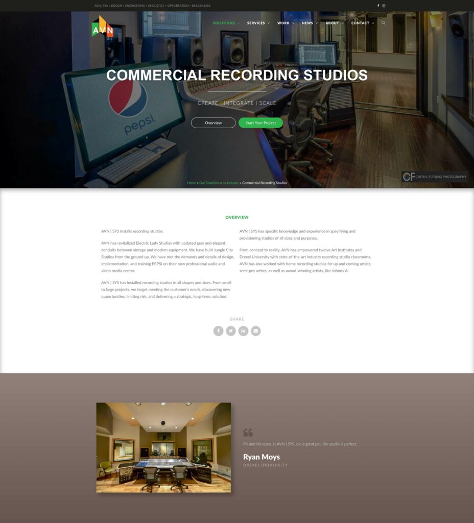 AVN | SYS website Commercial Recording Studios page featuring the Pepsi-branded studio in the hero, an overview of studio installations, and a Drexel University testimonial.