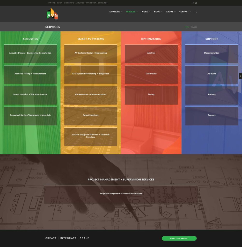 AVN | SYS website Services page with four color-coded columns — Acoustics, Smart AV Systems, Optimization, and Support — listing offerings above a blueprint project-management band.