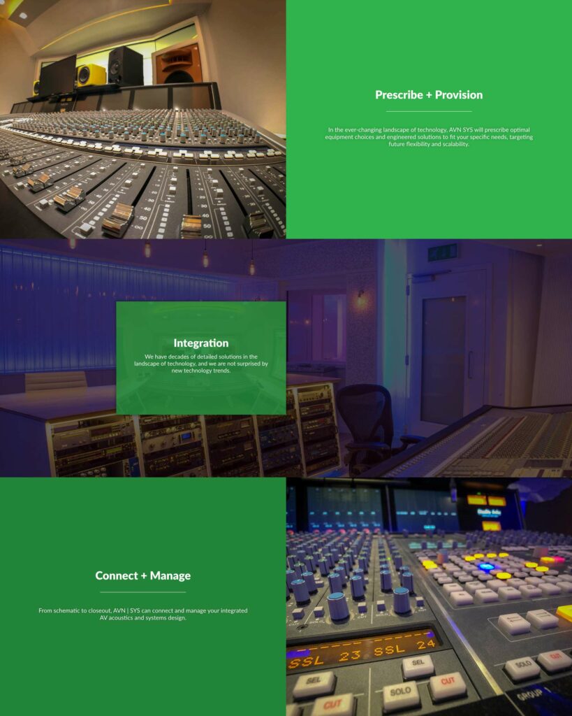 AVN | SYS website Smart AV section with alternating green panels and studio photos describing Prescribe + Provision, Integration, and Connect + Manage over mixing-console imagery.