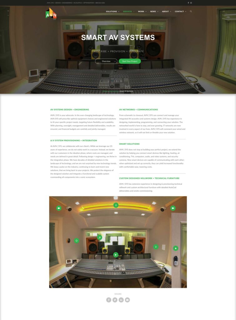 AVN | SYS website Smart AV Systems page with a control-room hero, service descriptions for design, provisioning, networks, and smart solutions, and an interactive studio photo with smart-device callouts.