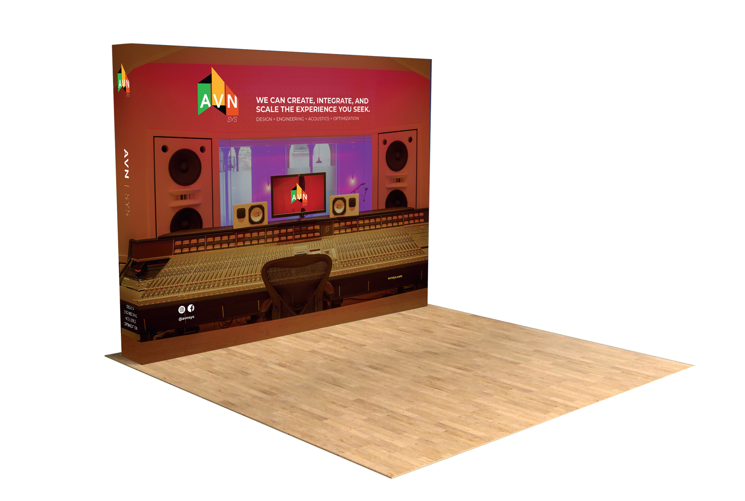 AVN | SYS trade show booth with a fabric backwall printed with a recording-studio control room, the logo, and the headline 'We can create, integrate, and scale the experience you seek' over a wood-floor stand.