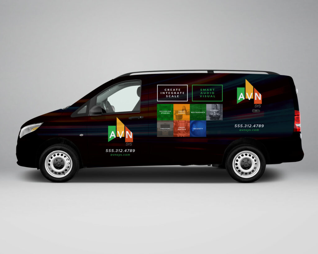 Side profile of the AVN | SYS Mercedes service van wrap, a dark design with colorful light streaks, the logo, service-category tiles, and the avnsys.com contact details.