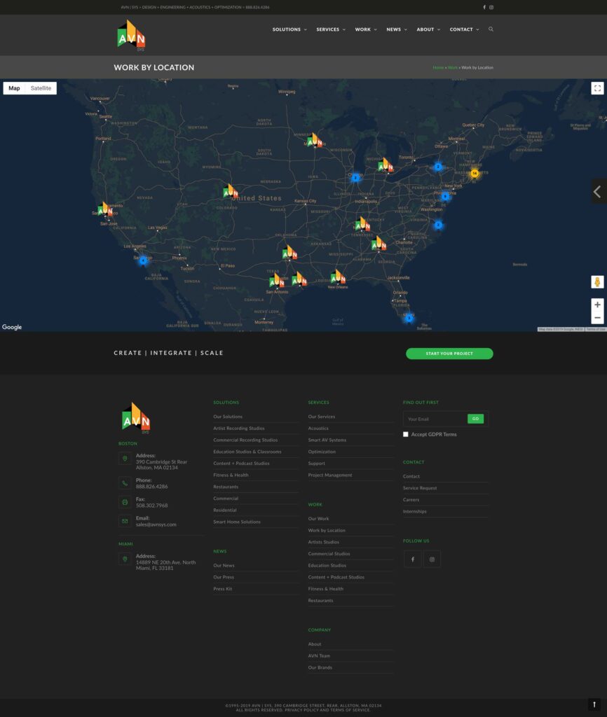 AVN | SYS website Work by Location page with an interactive US map marked by AVN logo pins and clustered project markers, above the full site footer.