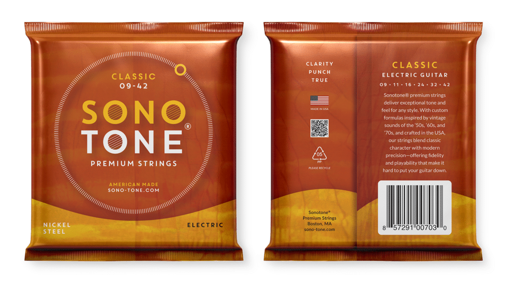 Front and back of the SonoTone Classic 09-42 electric guitar string foil pack, the orange set-gauge ring on the front and Clarity Punch True copy with barcode on the back.