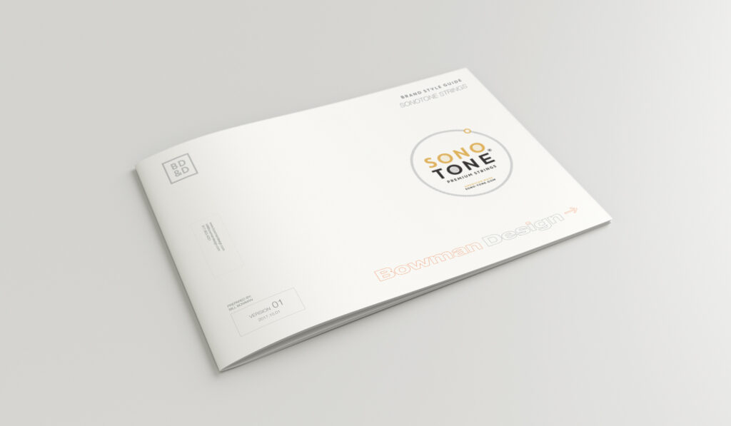 Cover of the SonoTone brand style guide prepared by Bowman Design, the circular SONO TONE logomark centered on a clean neutral layout.