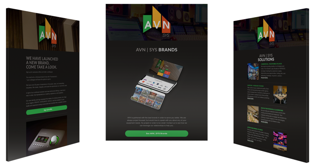 Three AVN | SYS marketing email templates shown in angled perspective — a brand-launch announcement, a Brands feature, and a Solutions roundup — using a dark theme with green accents and the AVN logo.