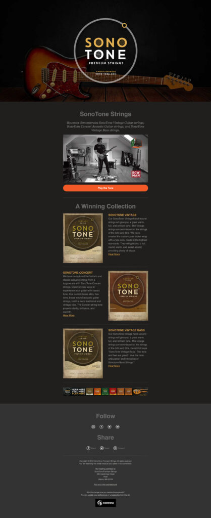 SonoTone abandoned-cart recovery email reminding customers of their selected string sets.