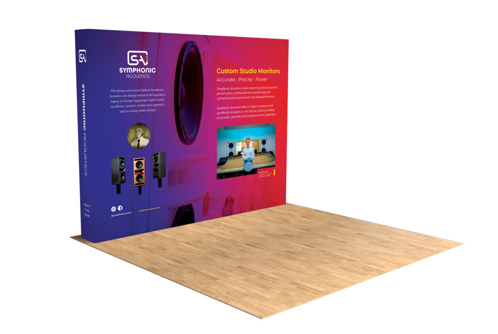 Symphonic Acoustics modular trade-show booth with a curved backwall in a purple-to-magenta gradient, extending the brand identity into physical exhibit space.
