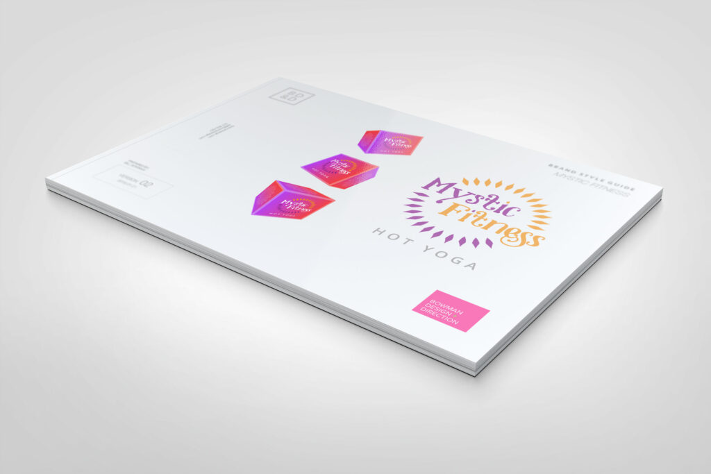 Brand style guide cover on white, the Mystic Fitness Hot Yoga logotype centered with three magenta-orange brand cubes floating beside it.