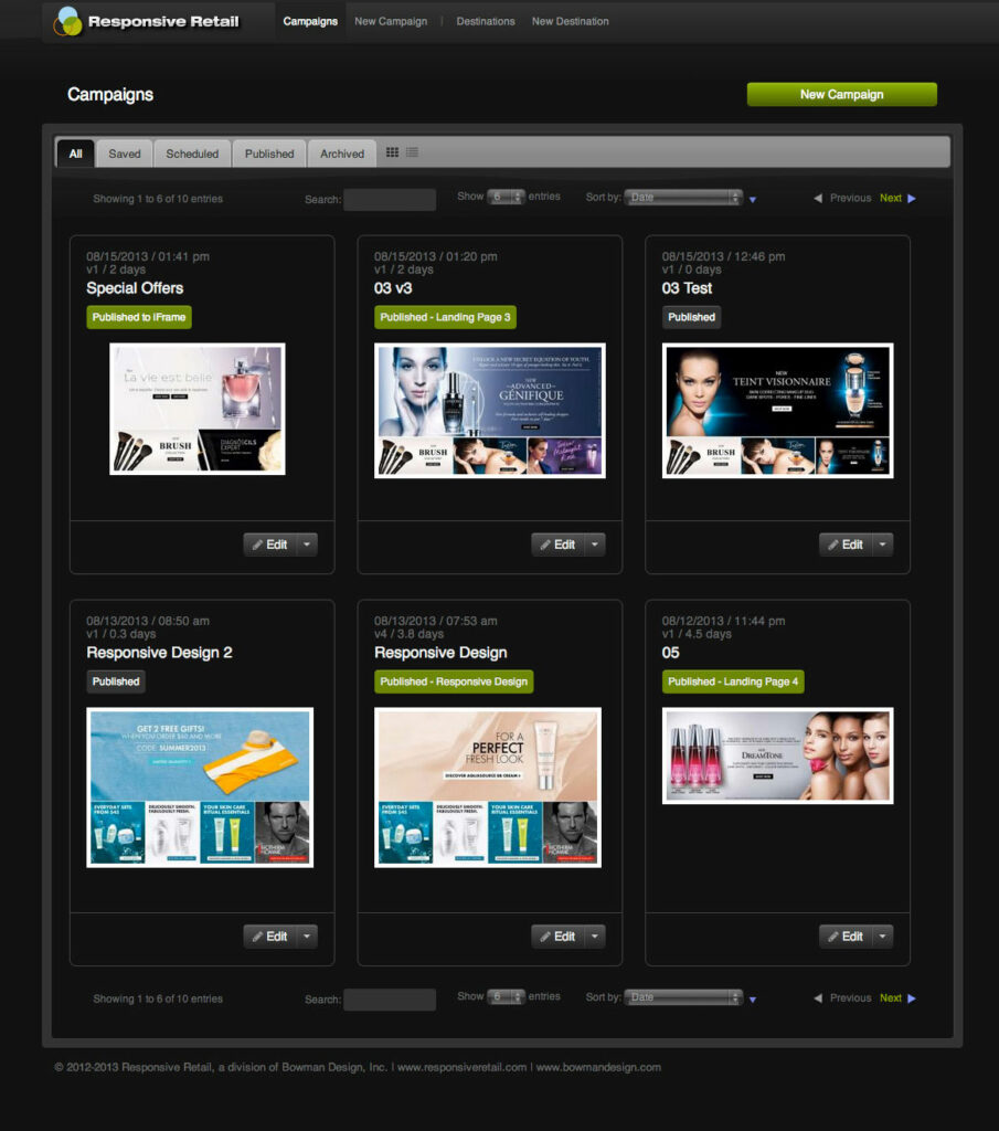 Campaigns index in the Responsive Retail app, Lancôme promotions shown as published campaign cards with version, date, and edit controls on the dark UI.