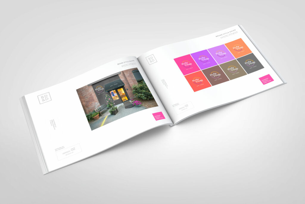 An open Mystic Fitness style guide spread pairing purple and magenta color panels with a lifestyle photo.