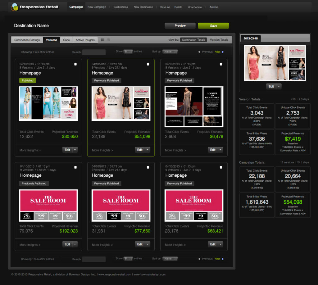 Destination view comparing homepage versions side by side, each card reporting click events and projected revenue beside the running version totals.