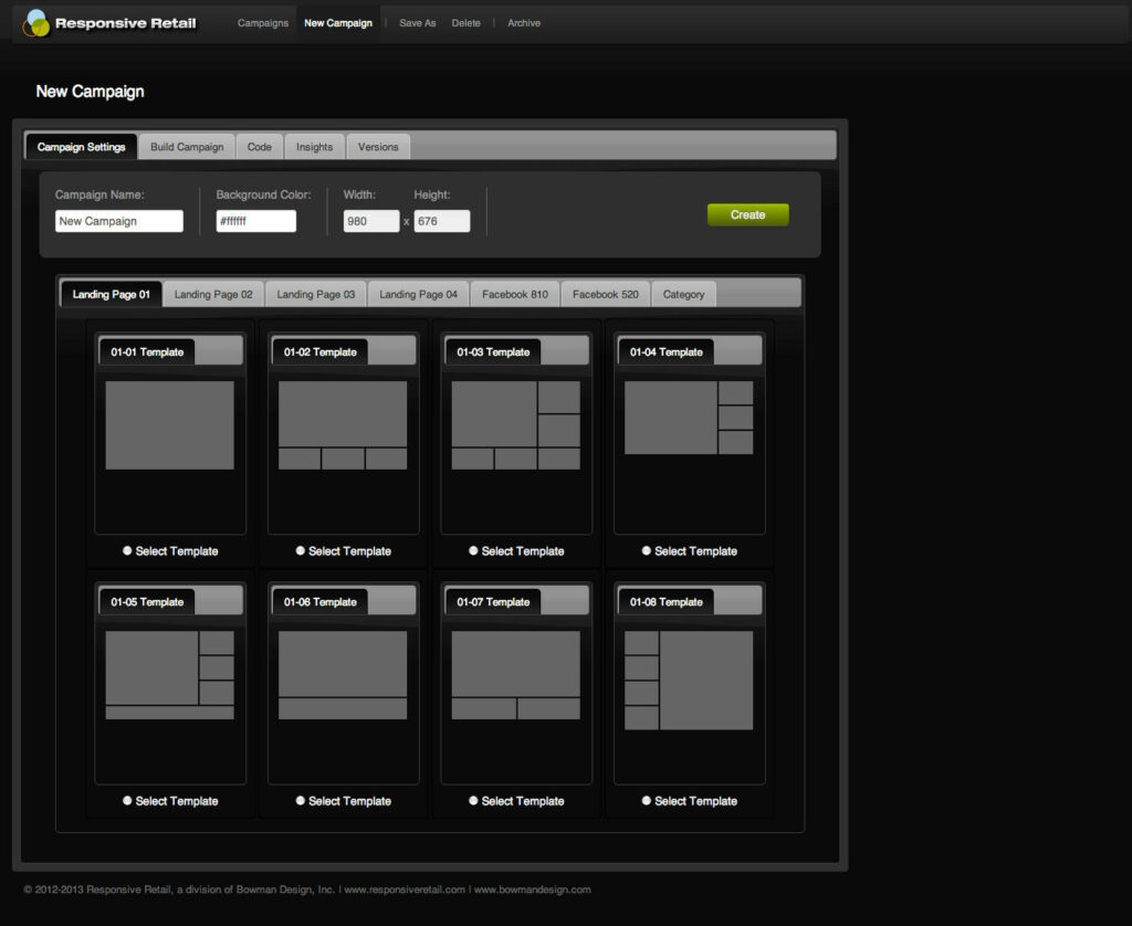 New Campaign screen with name, background color, and dimensions above a picker of landing page, Facebook, and category layout templates.