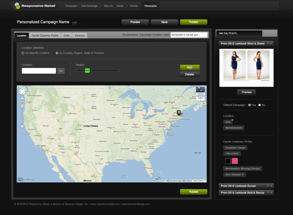 Personalization screen targeting campaigns by location, a United States map with radius control beside the Prom 2013 lookbook preview.