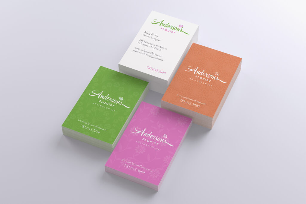 Four stacked card comps in white, orange, green, and pink, the script mark reversed over subtle floral pattern backgrounds.