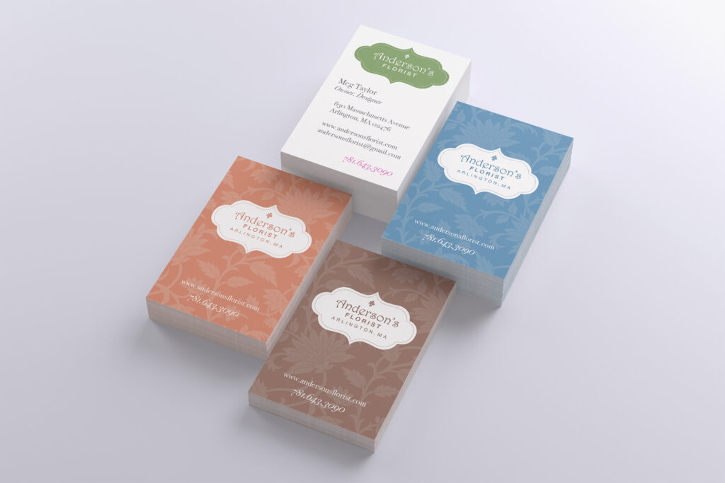 Four card comps with ornate label frames set on damask floral fields of cream, blue, salmon, and brown, exploring a vintage apothecary direction.