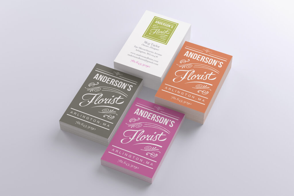 Four card comps in gray, orange, pink, and white pairing condensed capitals with script Florist and ornamental flourishes, exploring a letterpress direction.