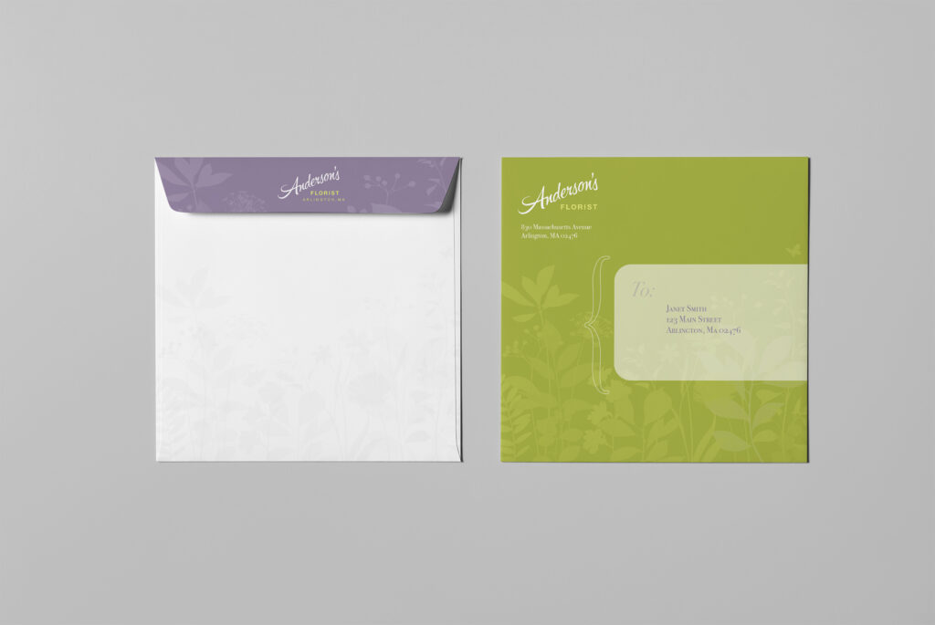Square envelopes shown front and back, one white with a lavender script flap, one green with a botanical address panel.