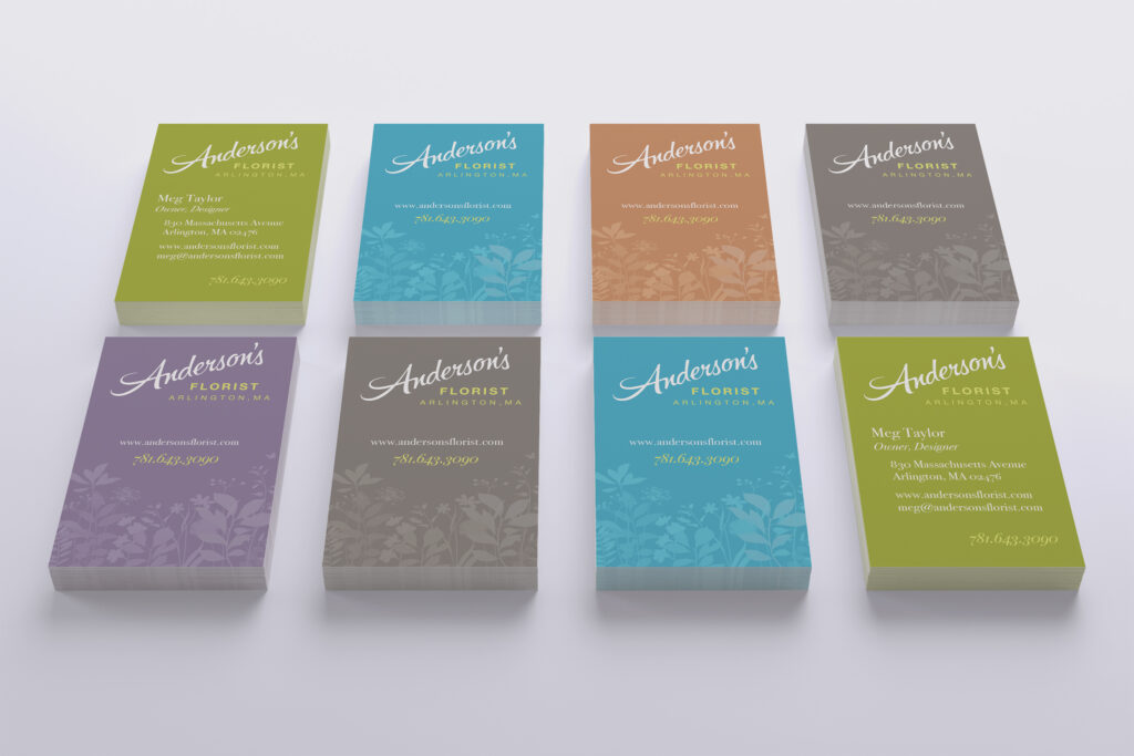 Eight final cards laid in two rows, the white script mark and floral silhouettes running across green, blue, terracotta, gray, lavender, and brown.