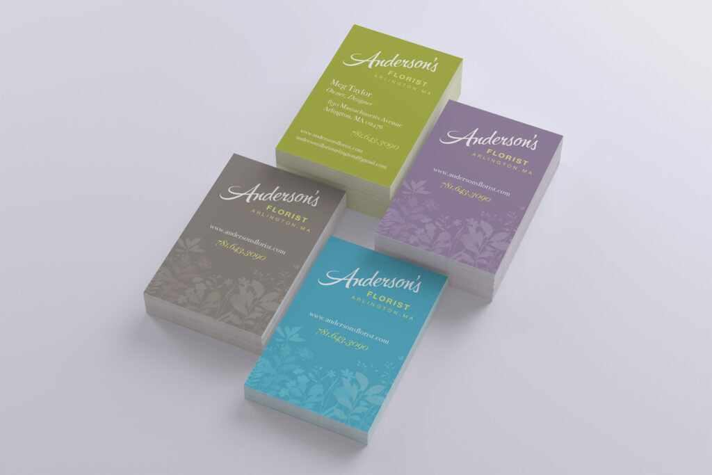 Four stacked final cards in green, gray, lavender, and blue, floral silhouettes shading each color beneath the white script mark.