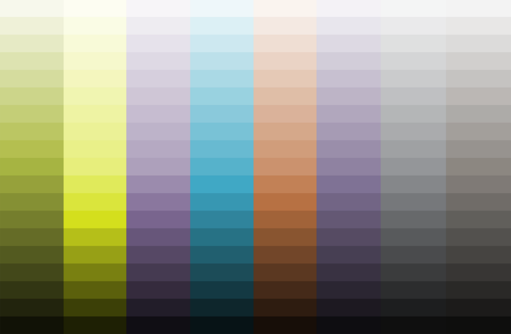 Eight tint-ladder columns stepping from cream to near-black through leaf green, chartreuse, lavender, sky blue, terracotta, plum, and two grays.