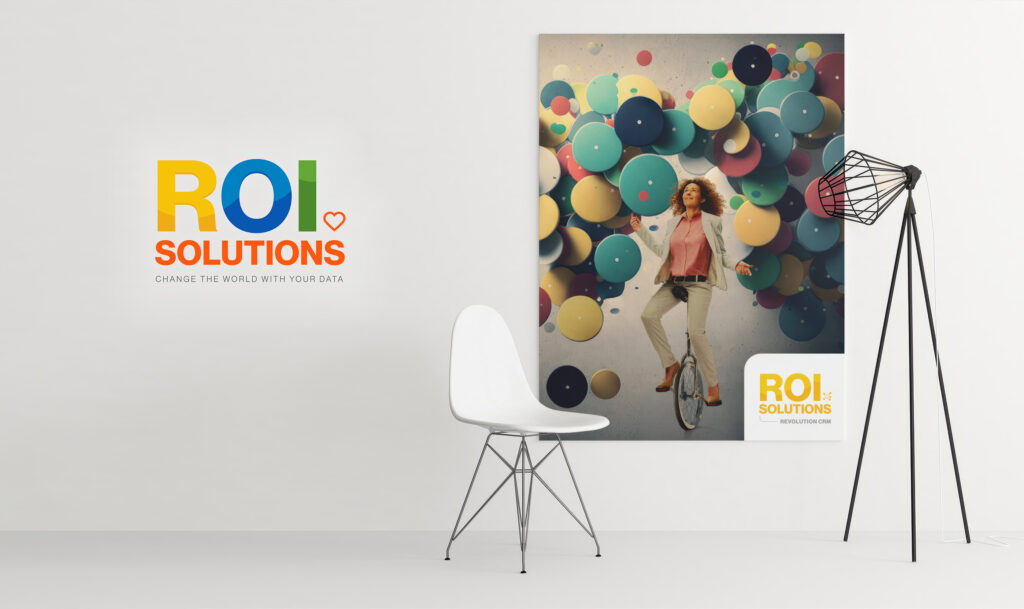 Virtual meeting backdrop with the logotype beside a large poster of a woman amid colorful balloons, a white chair below.
