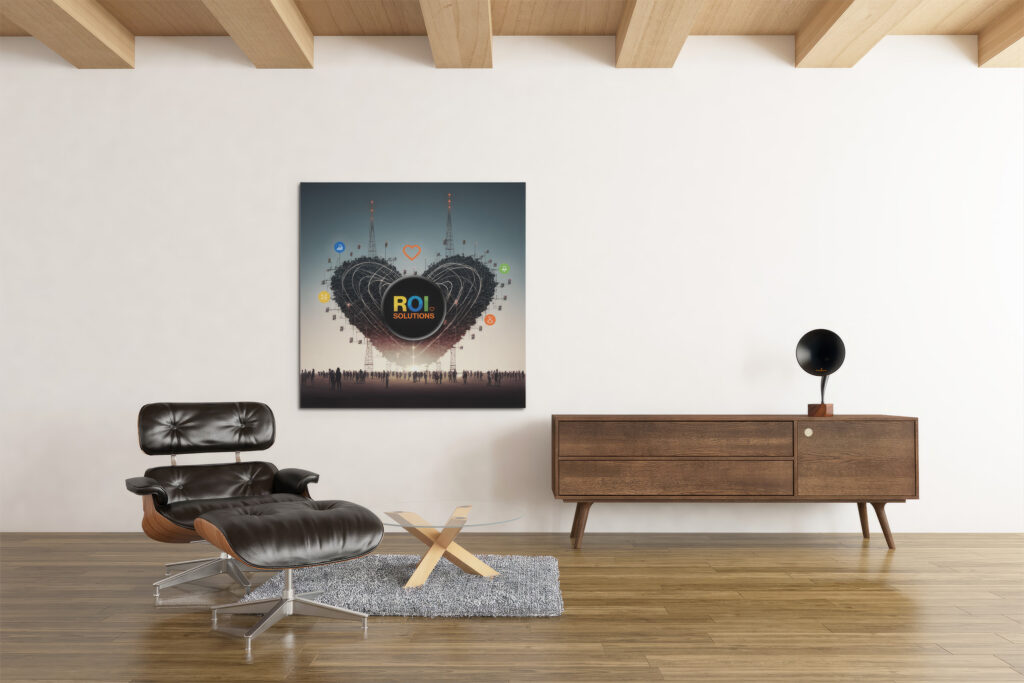 Virtual meeting backdrop of a wood-beamed lounge, an Eames chair beneath a dark canvas of the heart over a city skyline.