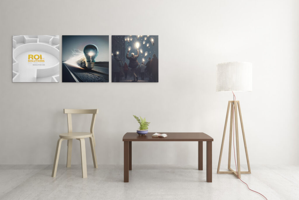 Virtual meeting backdrop with a triptych of lightbulb-themed canvases above a slim wood table and single chair.