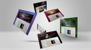 Six site screens float in 3D, the purple Pops, crimson Symphony, and green Tanglewood designs sharing one publishing framework.