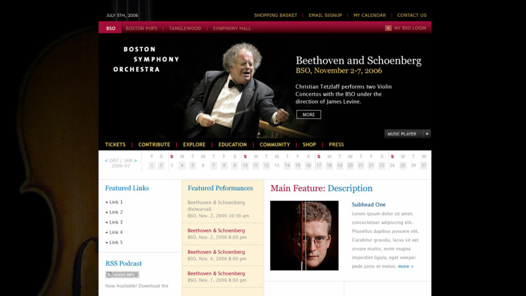 BSO homepage design in crimson and black, a conductor mid-performance above the persistent calendar, featured performances, and music player.