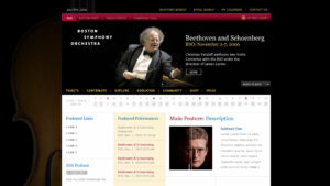 BSO homepage design in crimson and black, a conductor mid-performance above the persistent calendar, featured performances, and music player.