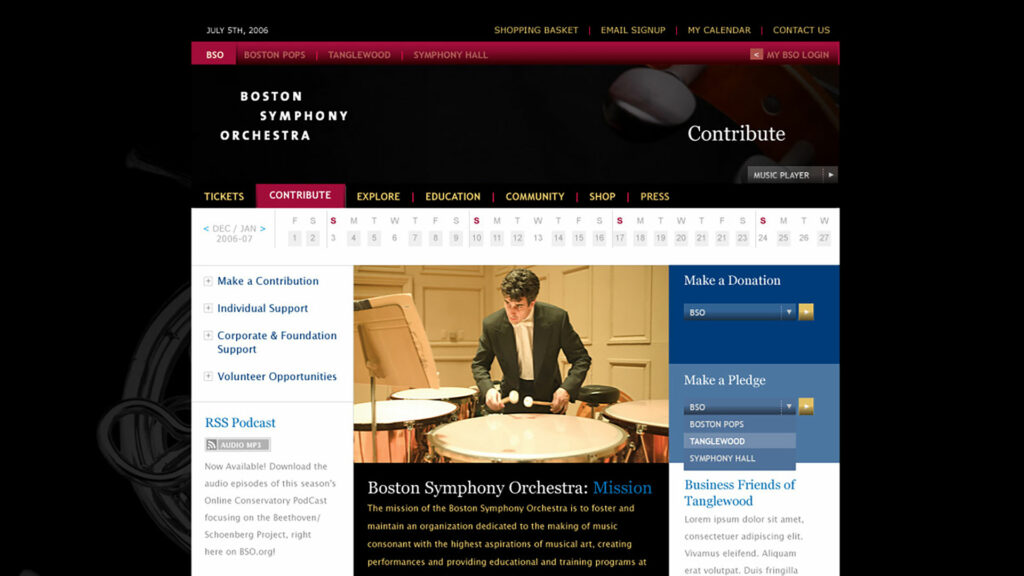 BSO Contribute page pairing a timpanist photograph and mission statement with donation, pledge, and support options beside the persistent calendar.