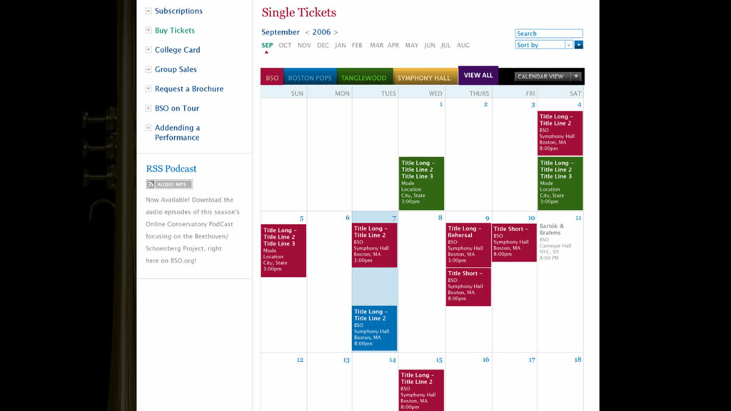 Single Tickets calendar view color-coding BSO, Boston Pops, Tanglewood, and Symphony Hall performances across a September month grid.