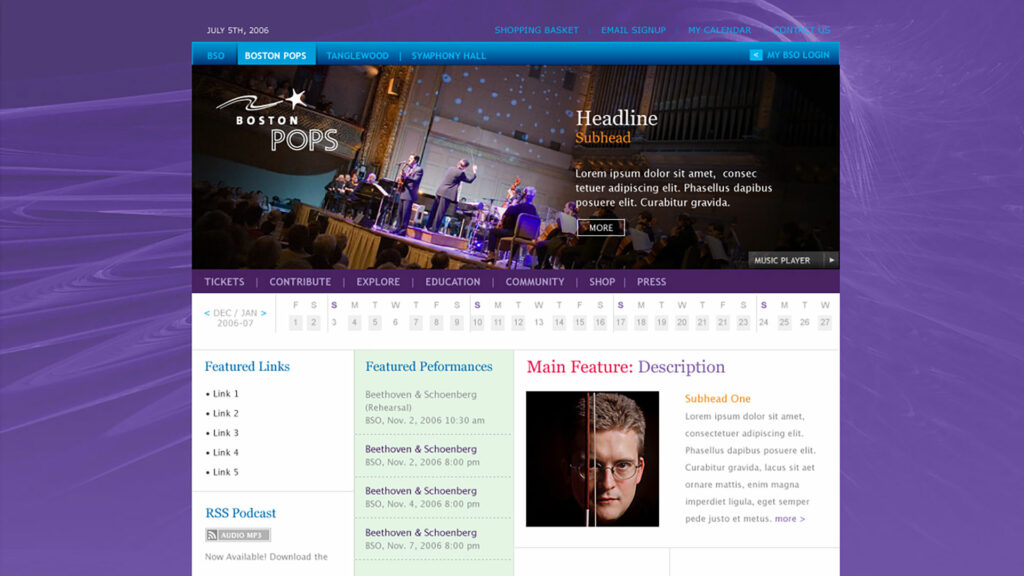 Boston Pops homepage in violet and blue, an evening stage performance under the hero with the calendar strip and featured performances below.