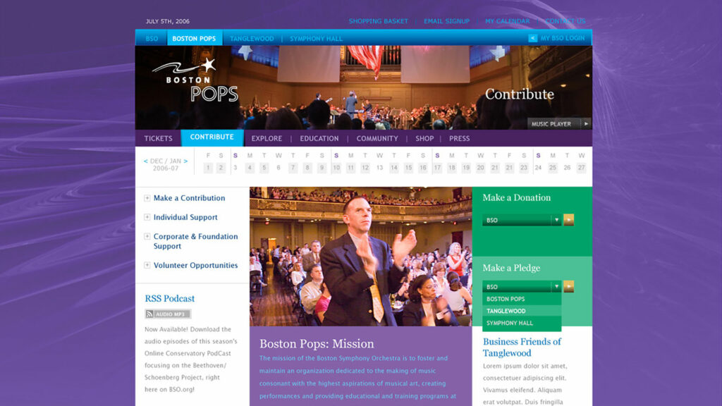 Boston Pops Contribute page, a conductor amid an applauding hall above the mission statement with donation and pledge panels in green.