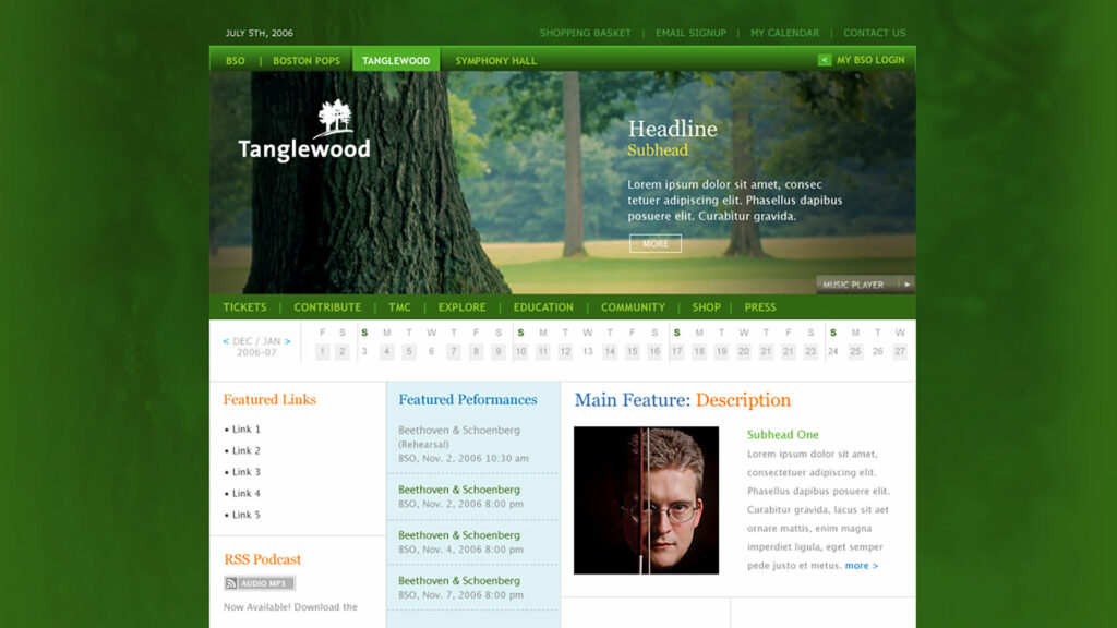 Tanglewood homepage bathed in greens, the white tree mark over a forest hero with the persistent calendar and featured performances beneath.