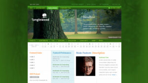 Tanglewood homepage bathed in greens, the white tree mark over a forest hero with the persistent calendar and featured performances beneath.