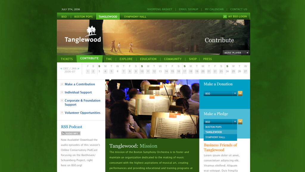 Tanglewood Contribute page, musicians reading scores at dusk above the mission statement beside donation and pledge options.