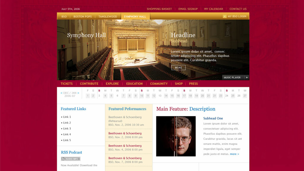 Symphony Hall homepage in crimson and gold, the hall’s gilded interior stretching behind the headline with calendar and featured performances below.
