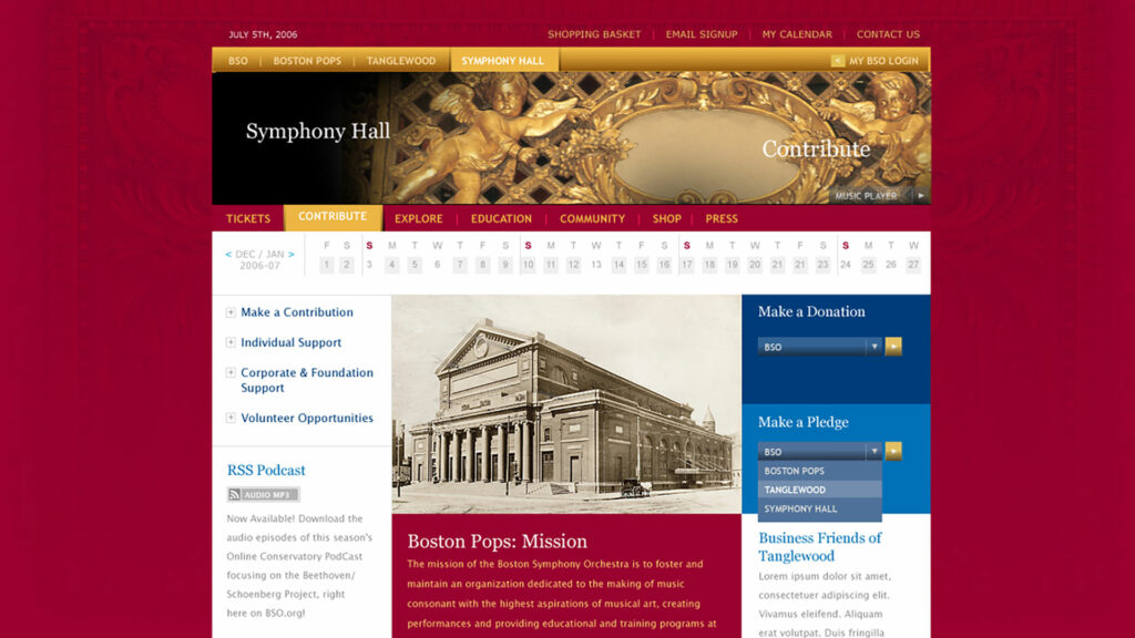Symphony Hall Contribute page, gilded ornament framing the header above an archival facade photograph and donation panels.