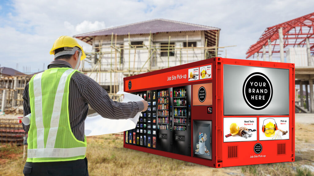 Cartable video thumbnail of a builder in a hard hat reviewing plans beside a red Job Site Pick-up unit, its lockers and vending windows stocked at an active construction site.
