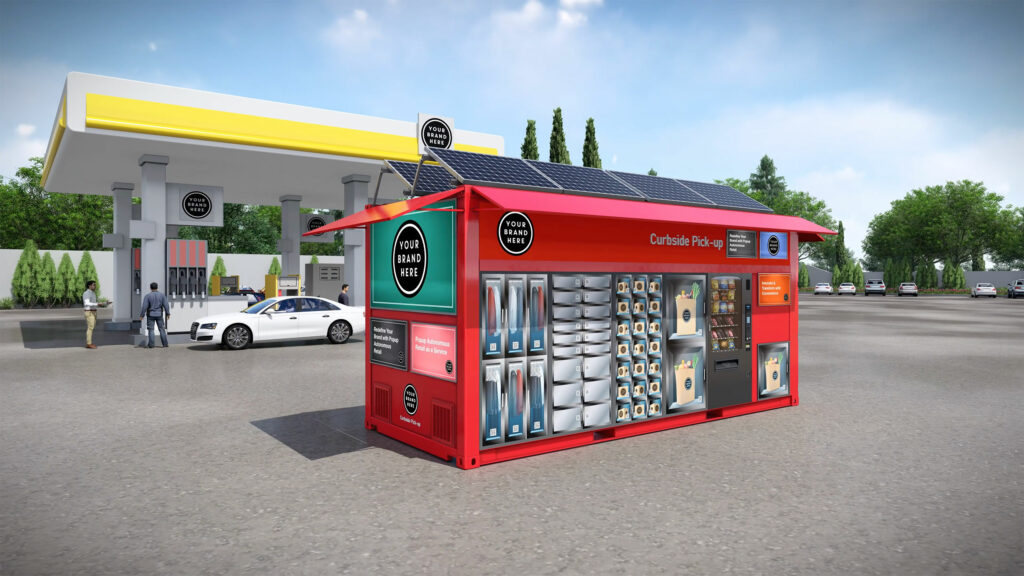Red CX20 unit with solar roof rendered beside a gas station canopy, positioning autonomous curbside pick-up alongside a busy convenience-store forecourt.